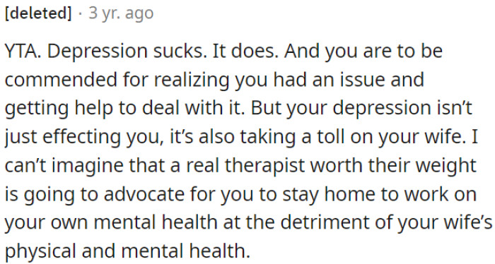 OP's struggle with depression is affecting his relationship with his wife