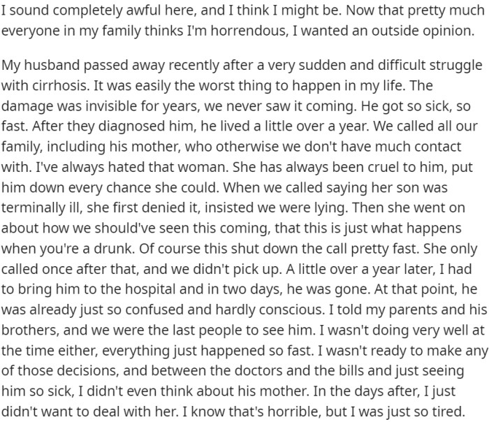 Following the death of her spouse, OP lacked the desire and vitality to communicate the news to his mother