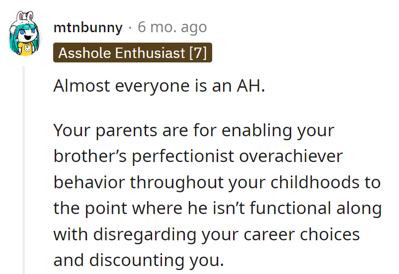Everyone's an AH: parents for raising an overachiever, OP for career disregard.