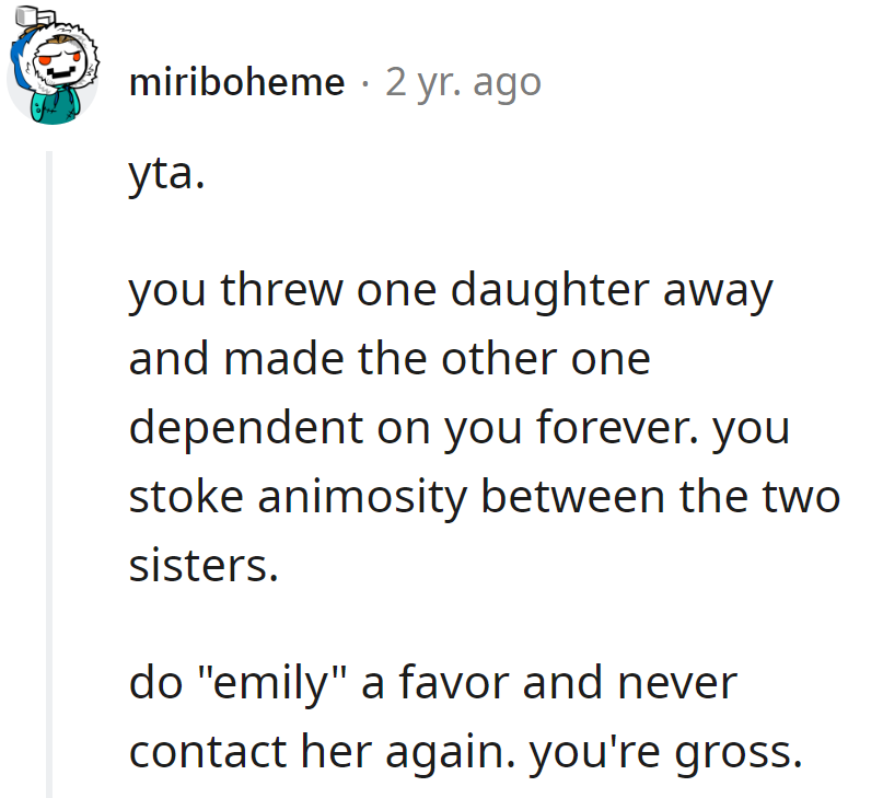 Juggling daughters like a circus act; one tossed, the other leashed for life. Stirring a sisterly storm—fade to black, drama queen.