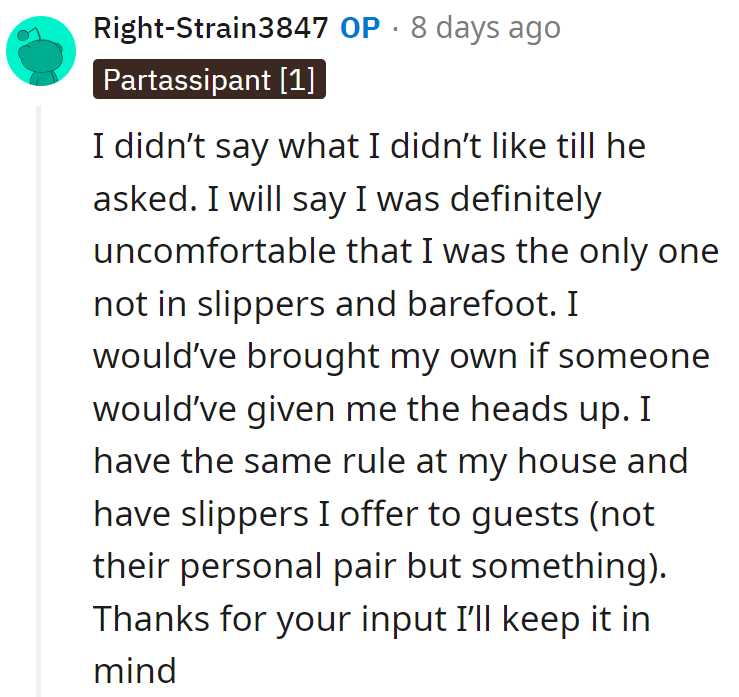 Prompted to speak, she felt awkward as the lone barefoot.