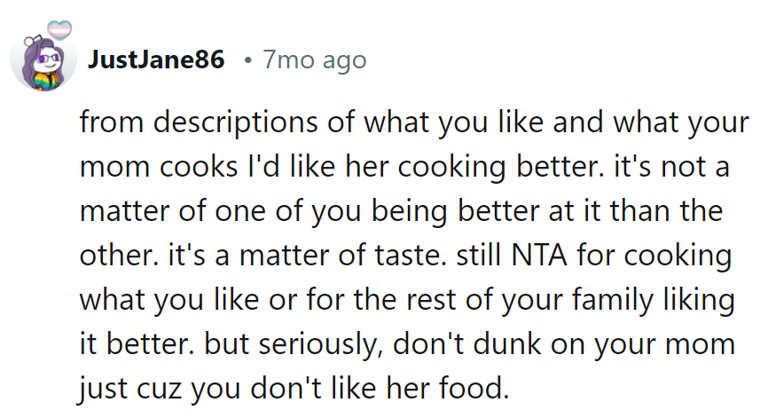 Taste showdown: Mom's flavor vs. flair. Keep cooking what she loves, but leave the dunking to the dishes!