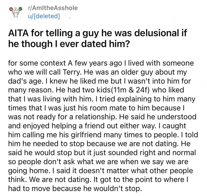 Here's the original post by a Reddit user who later deleted her account: