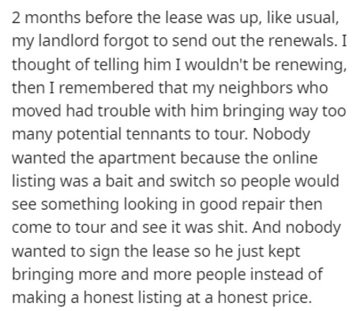 This time, OP had bought a house and they weren't planning on renewing the lease