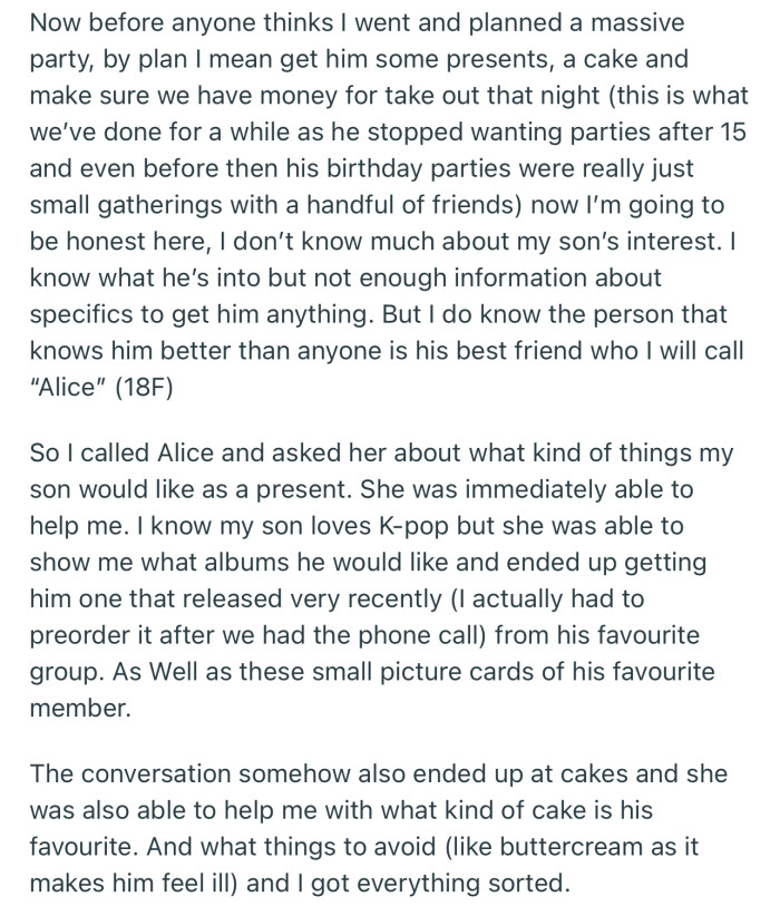 Since OP’s wife didn’t have any interest in the party, he contacted his son’s best friend to help with the planning