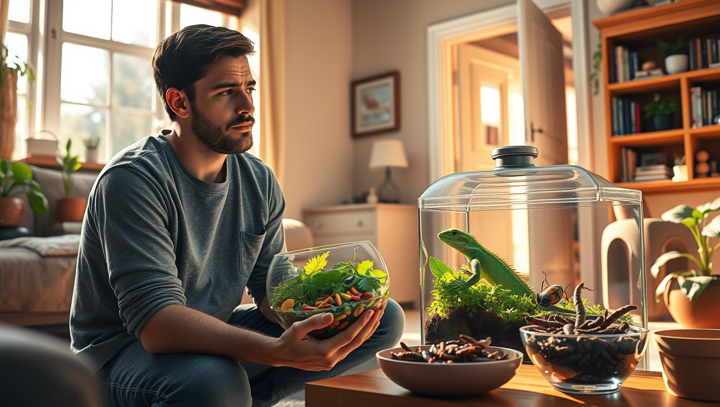 Concerned Roommate Contemplates Healthier Diet for Roommates Lizard