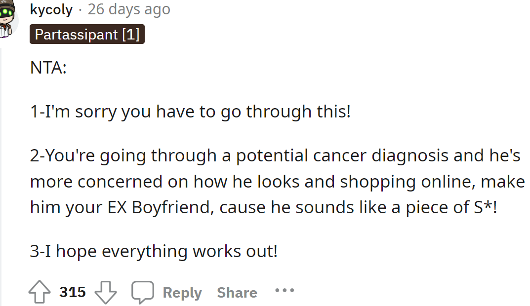 The boyfriend acts like he doesn't care about her health