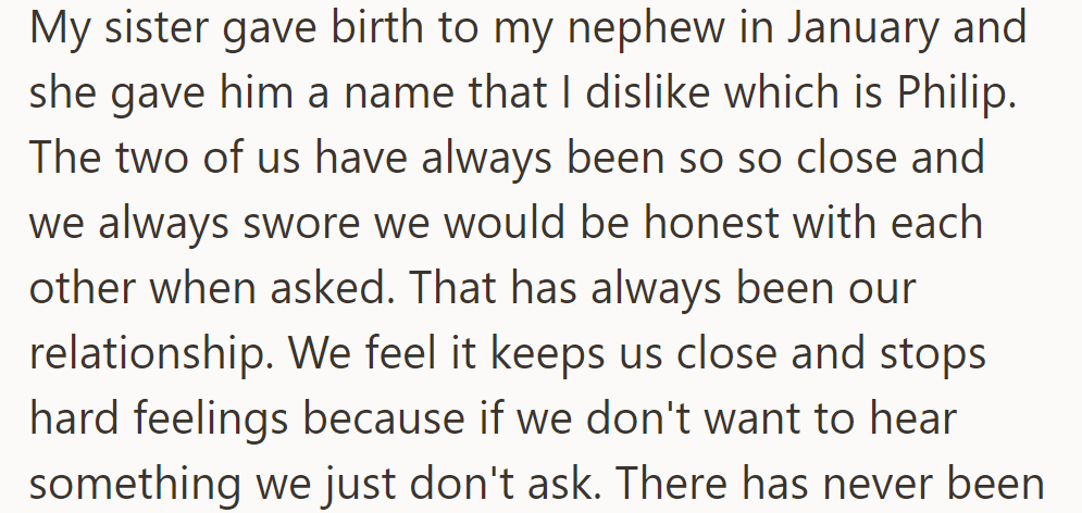 OP's sister named her newborn Philip, a choice that OP dislikes.