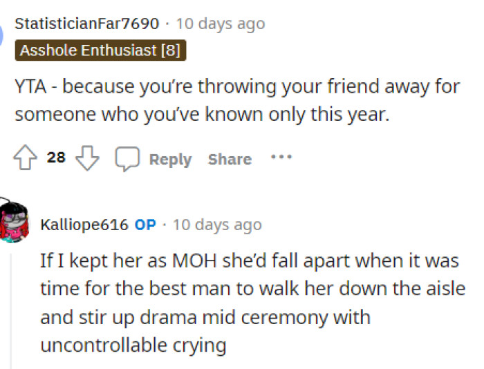 OP's response here really clarified her fears and why she decided to change who was the MOH.