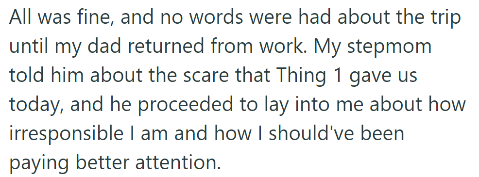 Dad scolded OP for Thing 1's scare, blaming him for not paying attention.