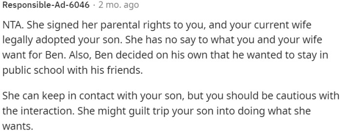 Despite signing away parental rights, the mother has no say in decisions for the child