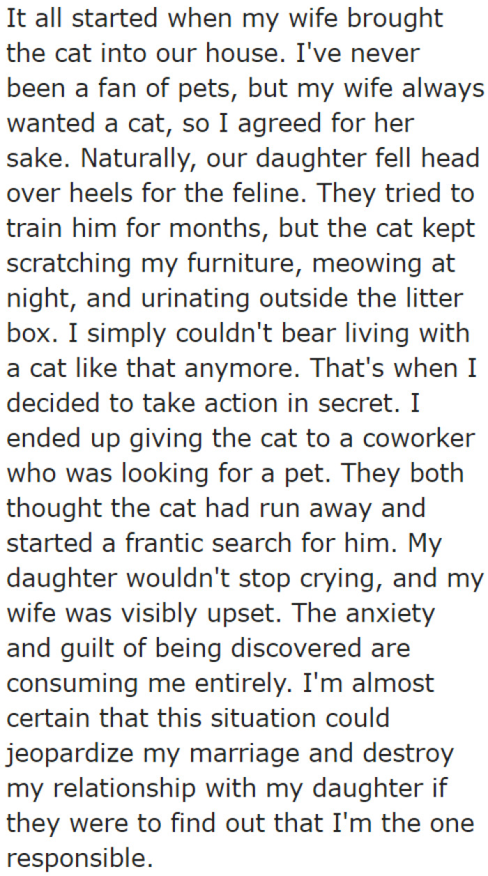 After he secretly gave away the cat, his wife and daughter were very upset. He felt guilty after seeing their reaction.