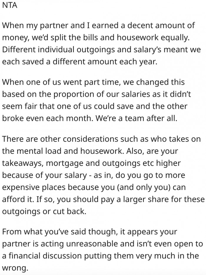 14. Each partner's income should determine their contribution.