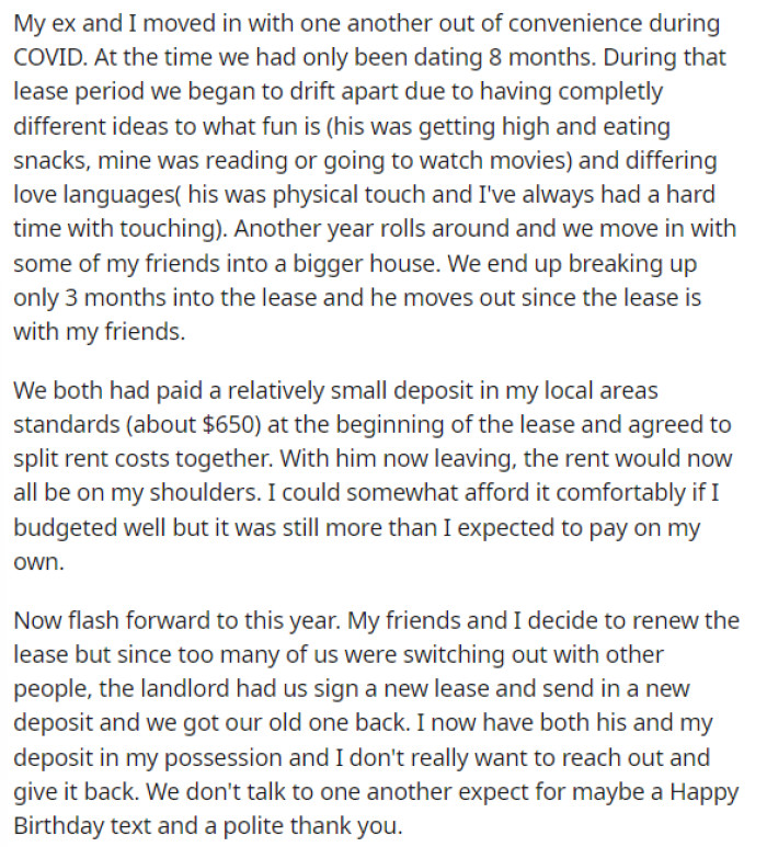 OP explains her situation regarding what happened with the ex when he moved out and how the payments continued afterward.