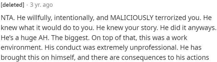 Malicious and intentional terrorizing, unprofessional conduct in a work environment, and consequences deserved