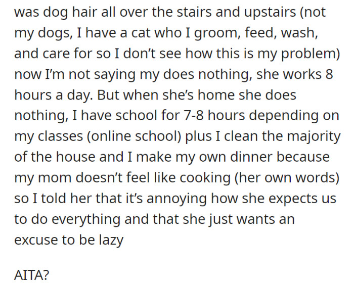 Apparently, according to their mom, there was dog hair all over the stairs and on the upper floor—basically a mess. Their mom has work, and OP has school, both about 8 hours, but OP does most of the cleaning, including making his own dinner. He tells his mom that it is unfair how the siblings are expected to do everything and that she “just wants an excuse to be lazy.”