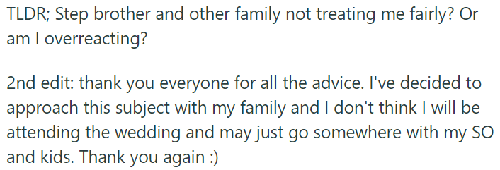 OP chose to discuss this with her family and decided not to attend the wedding; she might spend time elsewhere with her SO and children.