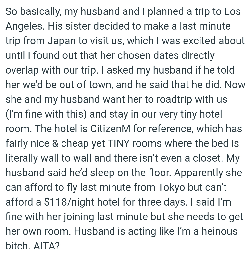 She can afford to fly last minute from Tokyo but can’t afford a $118/night hotel for three days