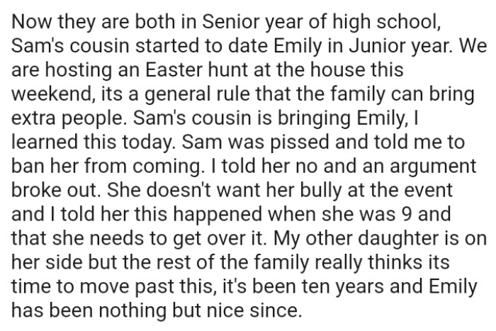 OP's daughter doesn't want her bully at the event, and he told her this happened when she was nine.