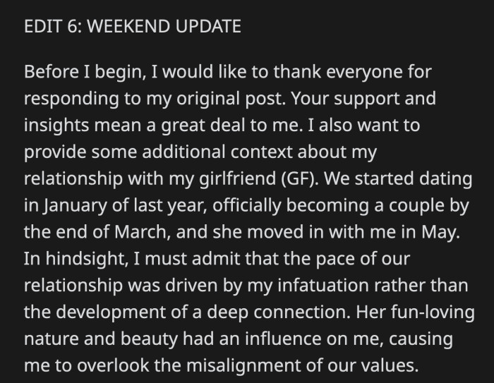 OP shared that he and his girlfriend have been together for a year and she moved in with him 5 months into their relationship