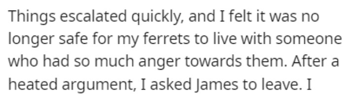 It was clear that James hated the ferrets, and OP no longer felt safe after the argument