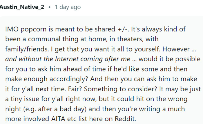 This person believes that popcorn is meant to be shared
