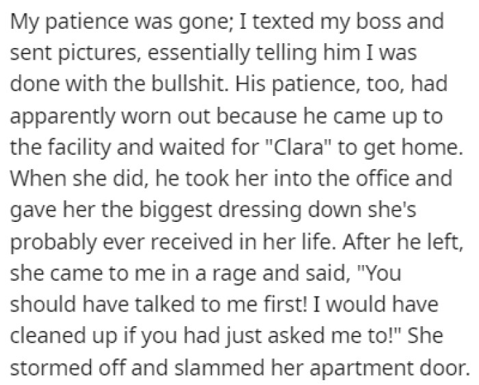 OP ran out of patience and texted their boss, showing him pictures of the mess