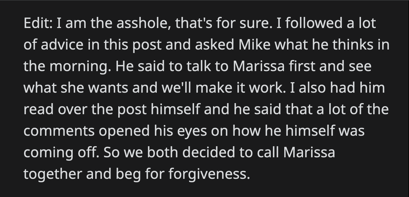 OP and Mike called Marissa after he read OP's post and the verdict given to her.