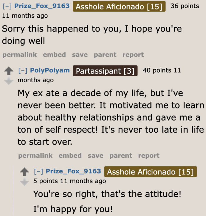 The user with the horrible husband was able to start over and move on. She now lives happily.