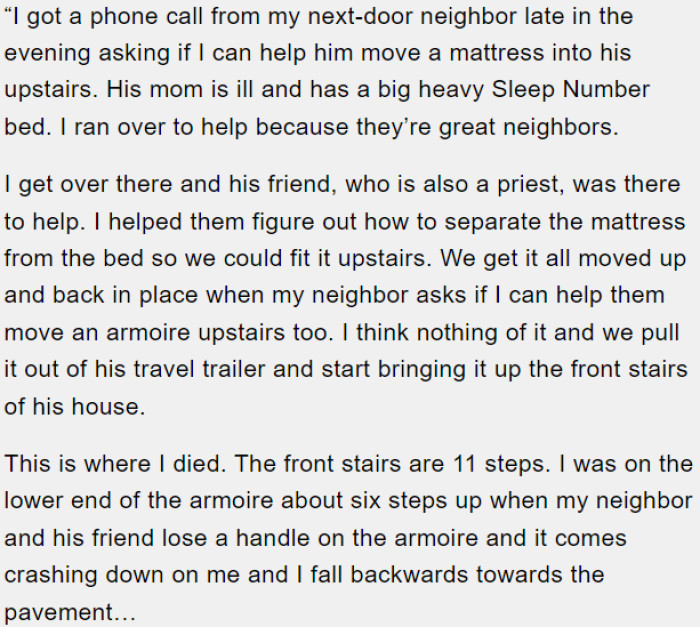 Near-Death armoire mishap on front stairs