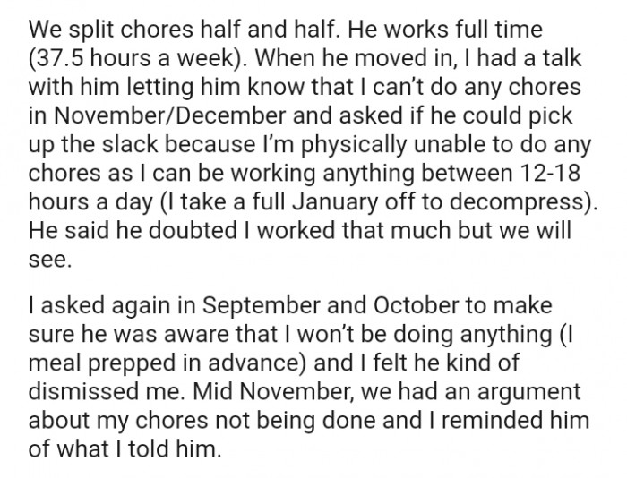 The OP let the boyfriend know that she can't do any chores