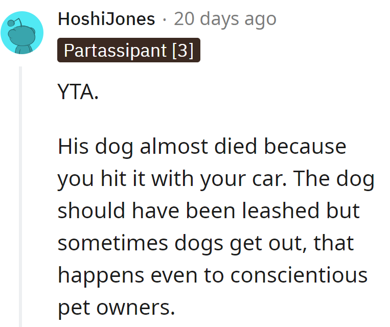 Leash laws exist, accidents happen. Be the bigger person, not the bigger bumper.