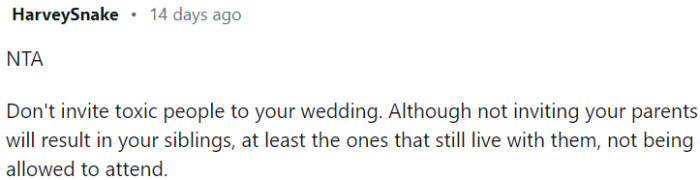 If inviting such people to the wedding would create a toxic environment or cause unnecessary stress and unhappiness, it is reasonable for OP to exclude them