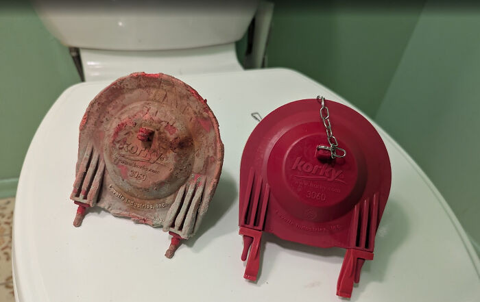 "Many Years-Old Korky Toilet Flapper vs. Brand New, Very Pretty & Shiny One"