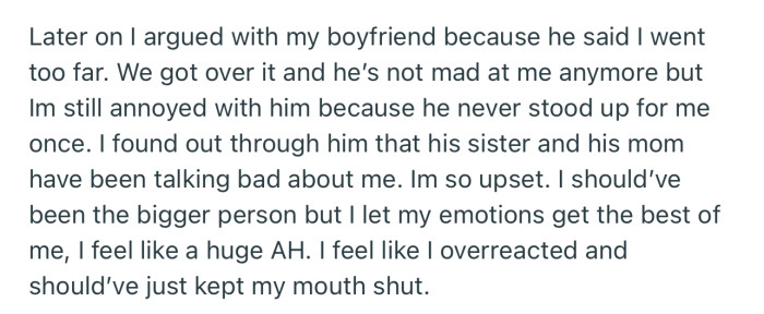 OP got into a heated exchange with her boyfriend, who feels that she went too far