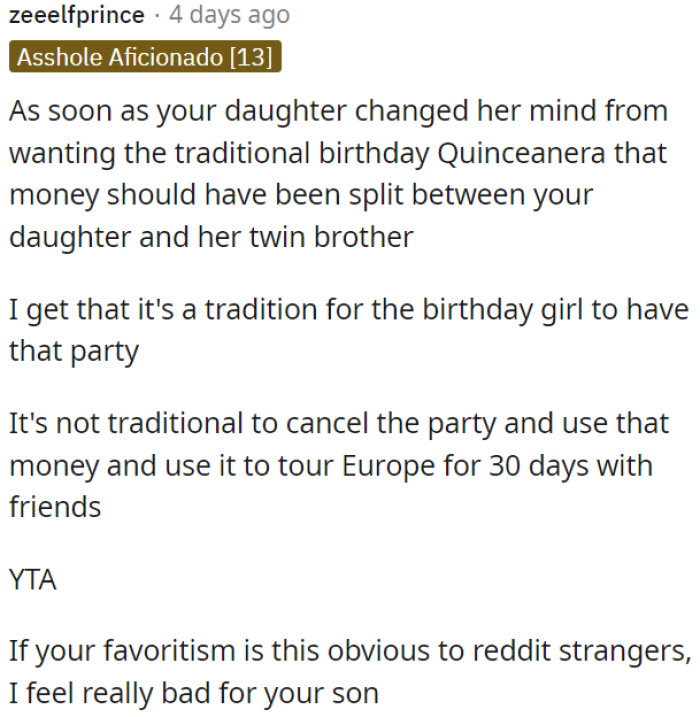OP's daughter initially wanted a traditional quinceañera, but when she changed her mind, the money should have been shared with her twin brother.