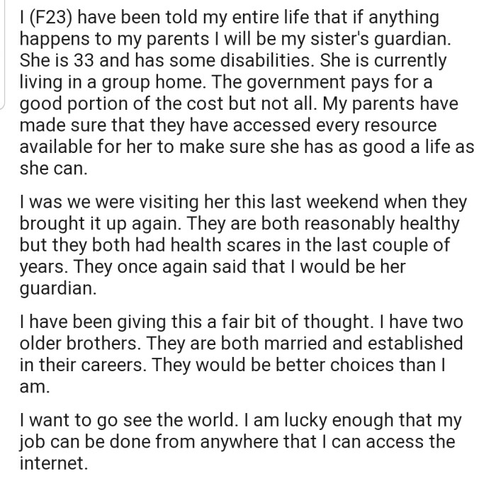OP's parents have stated that they want her to be her disabled sister's guardian if they pass away. However, she isn't so keen on taking up such responsibility