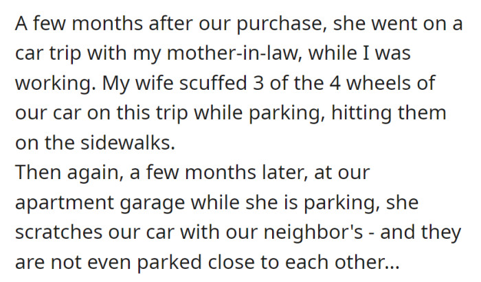 A few months after buying the car, the wife scuffed three wheels during a trip and later scratched it in the apartment garage while parking.