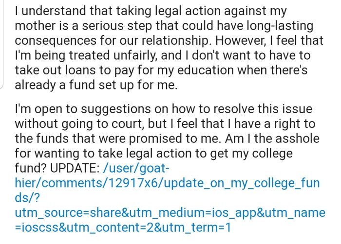 OP has admitted that taking her mother to court will have long-lasting negative consequences on their relationship. So she needs suggestions from the Reddit community on how best to handle this issue.
