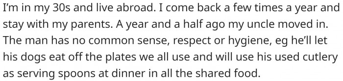 OP is in their 30s and lives abroad, returning a few times a year to stay with their parents