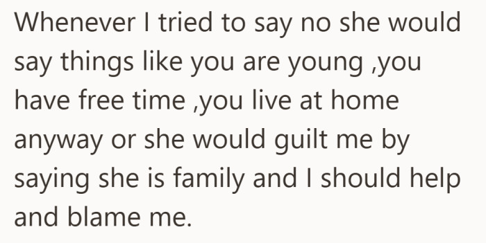 Every attempt to say no came with a reminder of why she was expected to say yes.