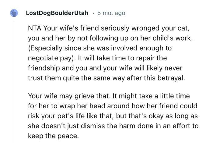 “NTA. Your wife's friend seriously wronged your cat, you, and her by not following up on her child's work.”