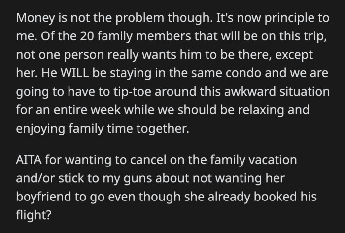 Would she be an a**hole if she cancels this trip because of her mom and her boyfriend?