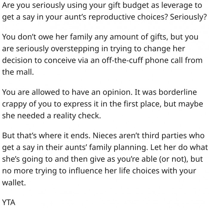 6. She doesn't owe her aunt's family any gifts.