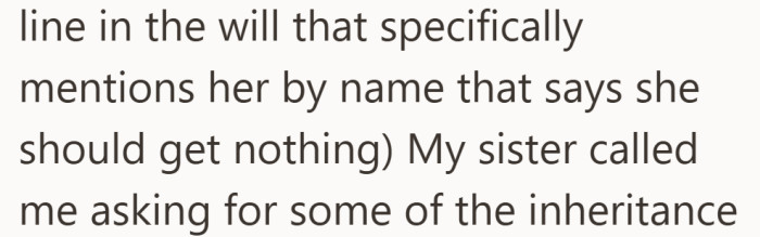 Her exclusion was written plainly in the document, yet she turned to her brother hoping he would change the outcome.