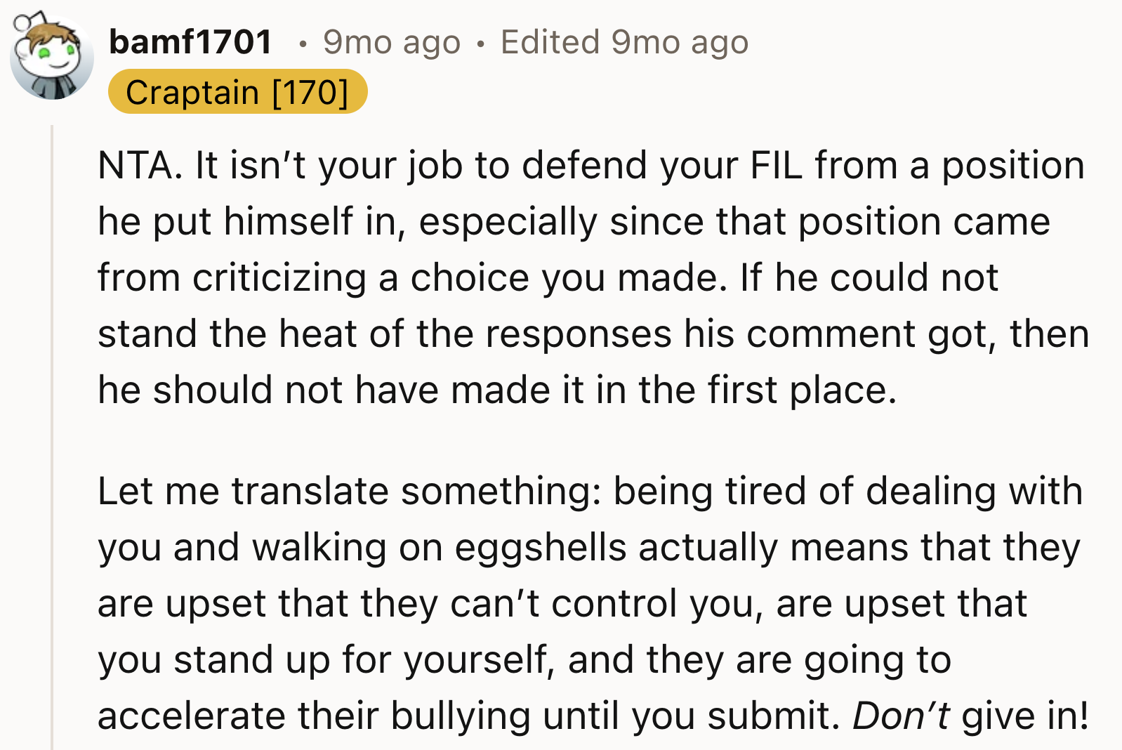 It's Not OP's Job To Defend Her Father In Law