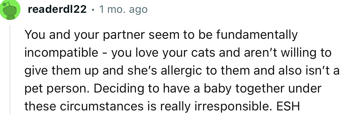 “Deciding to have a baby together under these circumstances is really irresponsible. ESH.”