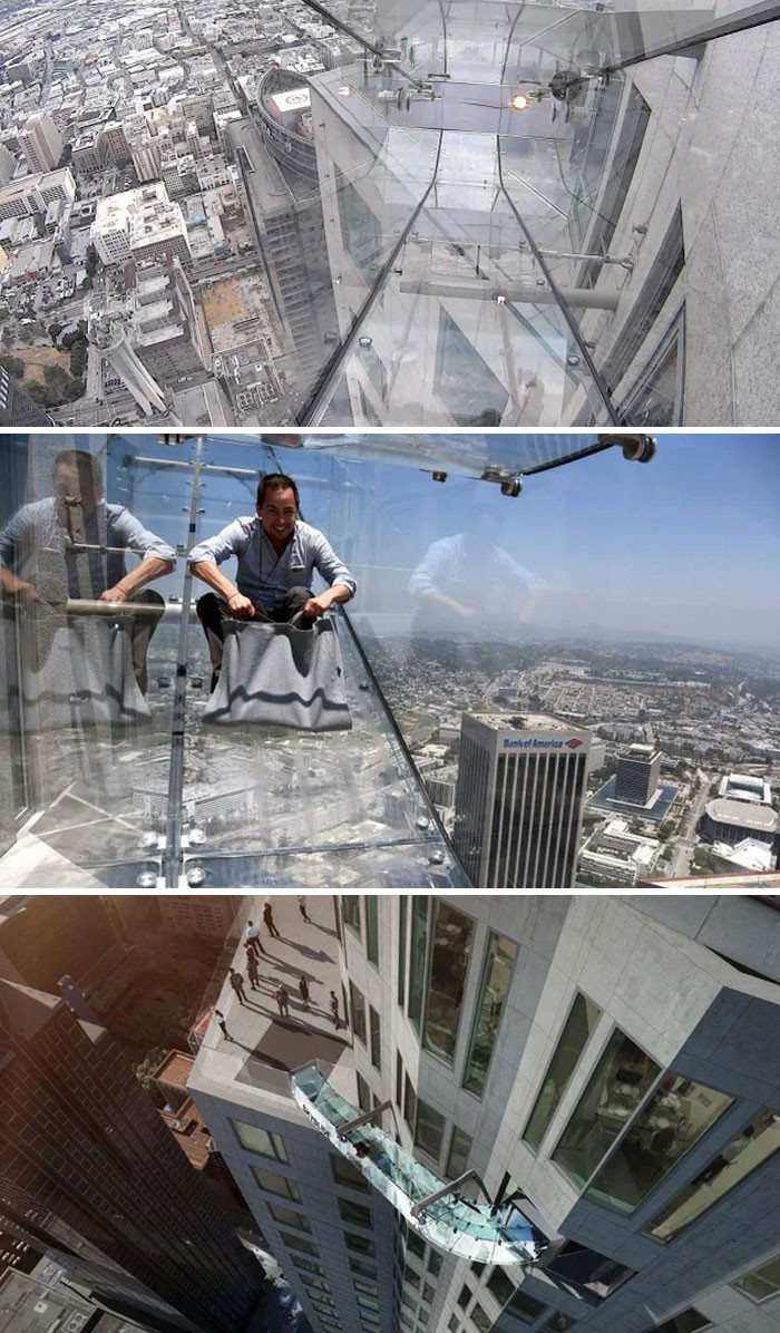 3. Skyslide At OUE Skyspace In Los Angeles, CA | An Outdoor Glass Slide That’s Attached To The Exterior Of The U.S. Bank Tower. The Skyslide Is 45 Feet Long, About Four Feet Wide And Made Entirely With 1.25-Inch Glass. Visitors Glide From The 70th To The 69th Floor. Now Permanently Closed