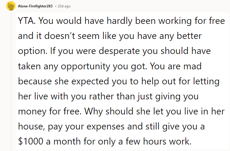 YTA. You would have hardly been working for free, and it doesn’t seem like you have any better options.