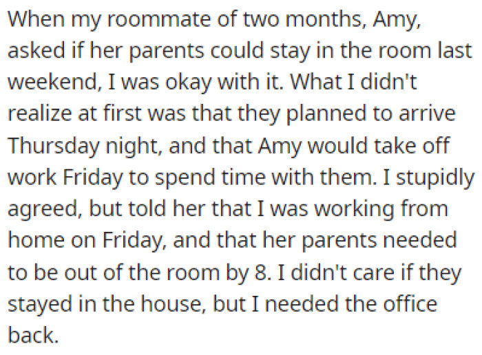 OP's new roommate asked if her parents could stay in the guest room, and OP agreed